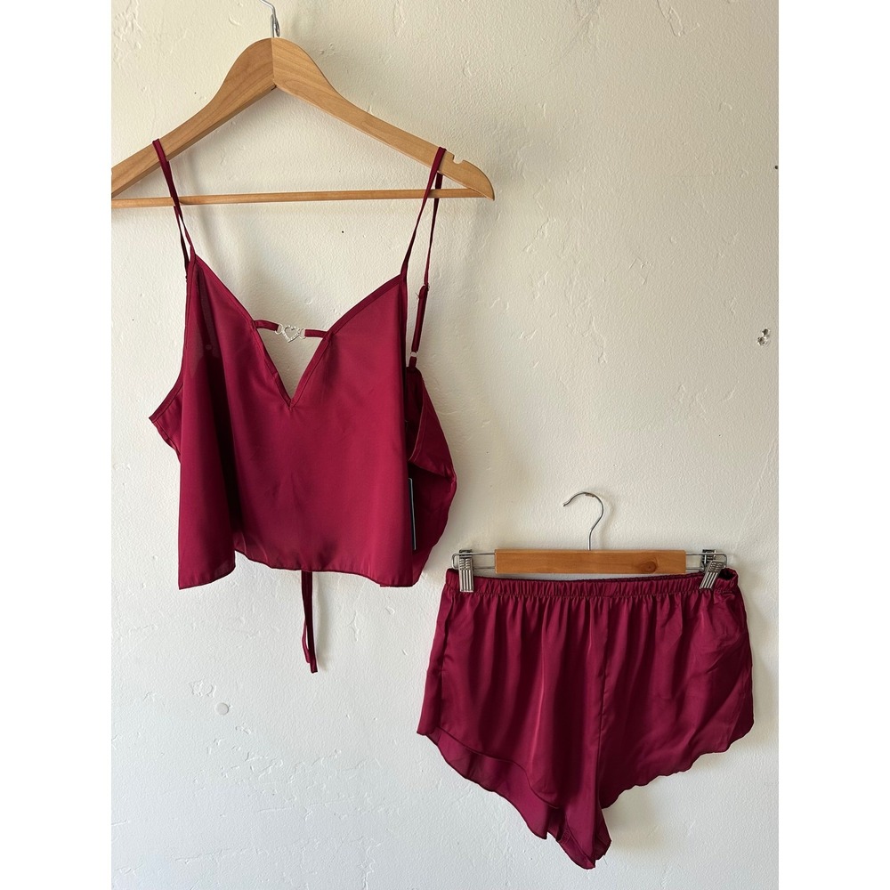 NEW Cupshe Burgundy Satin Pajama Set Heart Rhinestone Cami Shorts Red Size Large